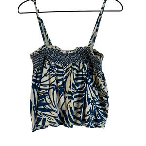 Patrons Of Peace Womens Blouse Blue Beige Hawaiian Spaghetti Strap Smocked S New